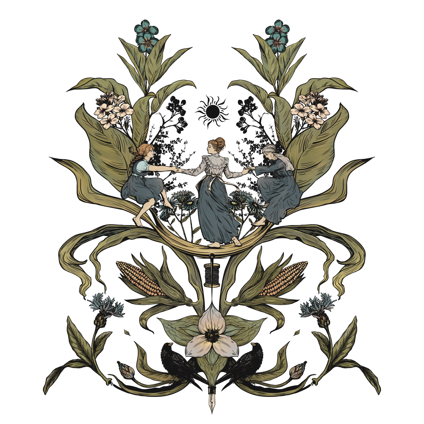 Medallion artwork showing 3 women with supportive hands in a wreath of corn leaves, flowers and old time implements.